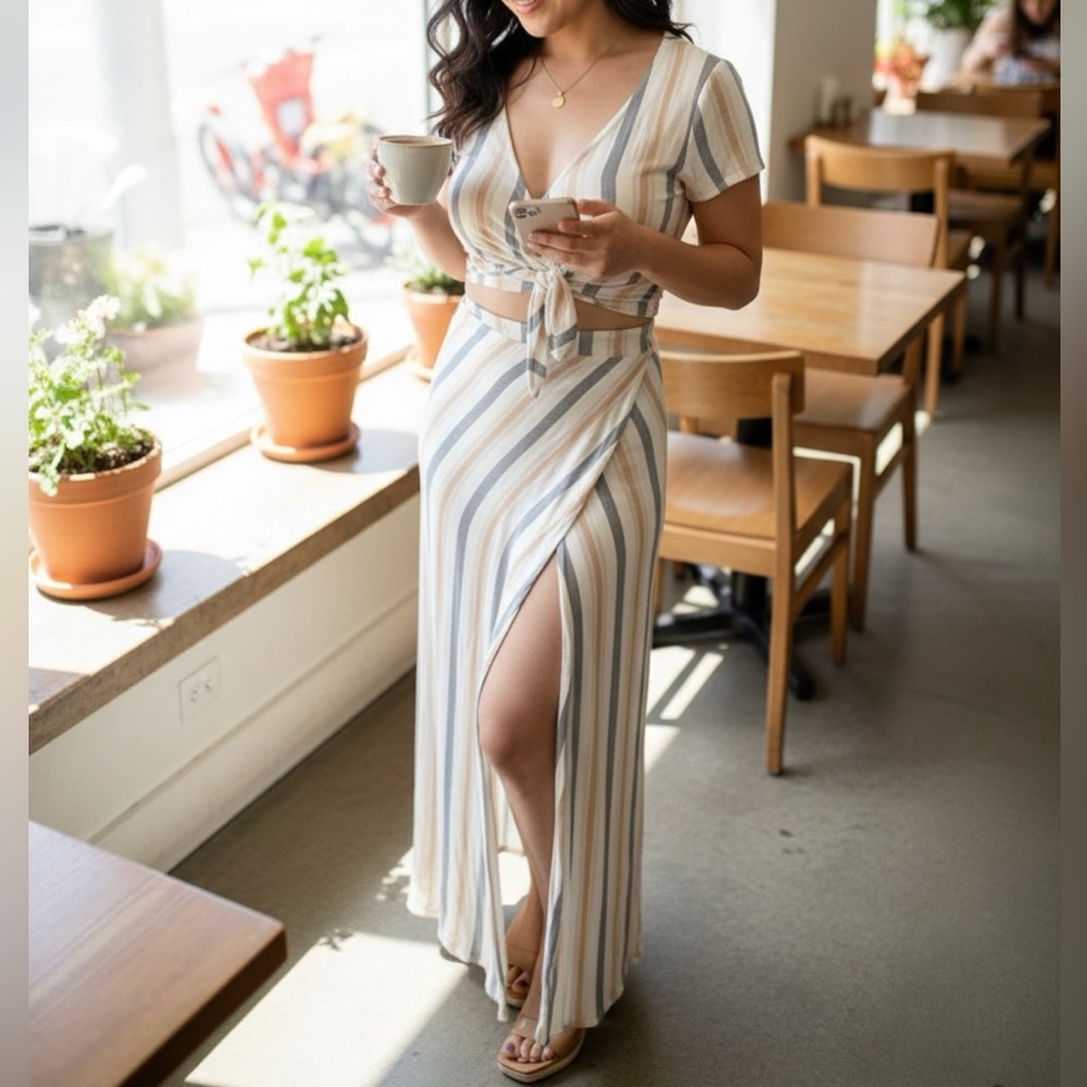 Olivaceous Peach and Blue Striped skirt and blouse set